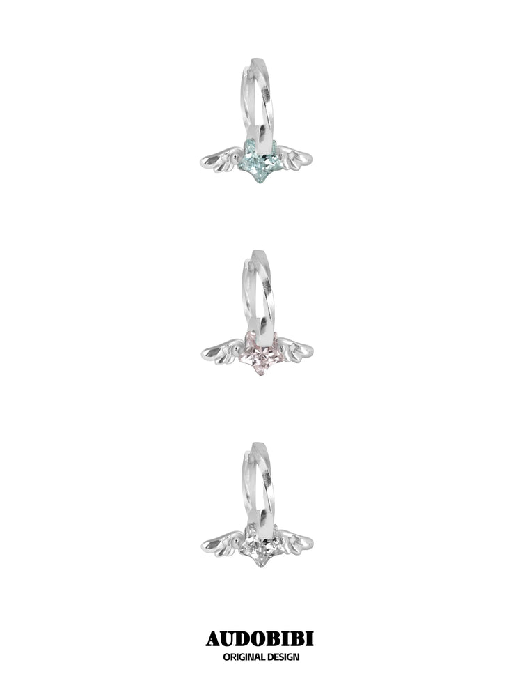 Three mini wing hoop earring colors, viewed from the side.