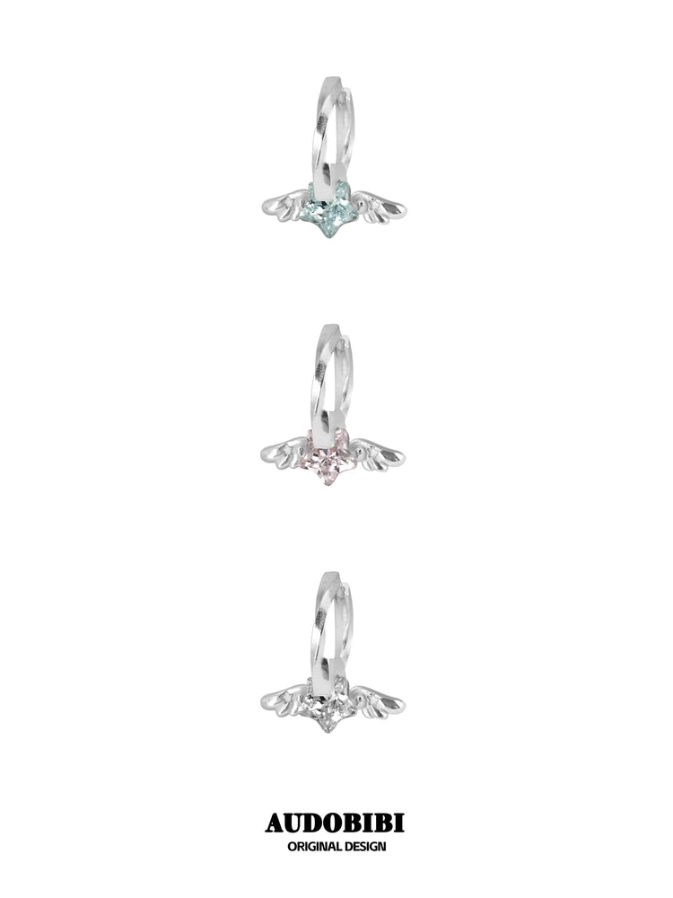 Winged Grace Starlit Angel Mini Wing Hoop Earrings, shown on a white background.