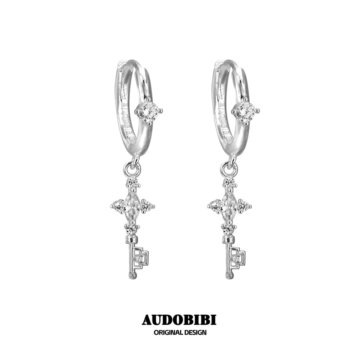 Winged Grace Key & Lock Hoop Earrings — 925 Sterling Silver, Key.