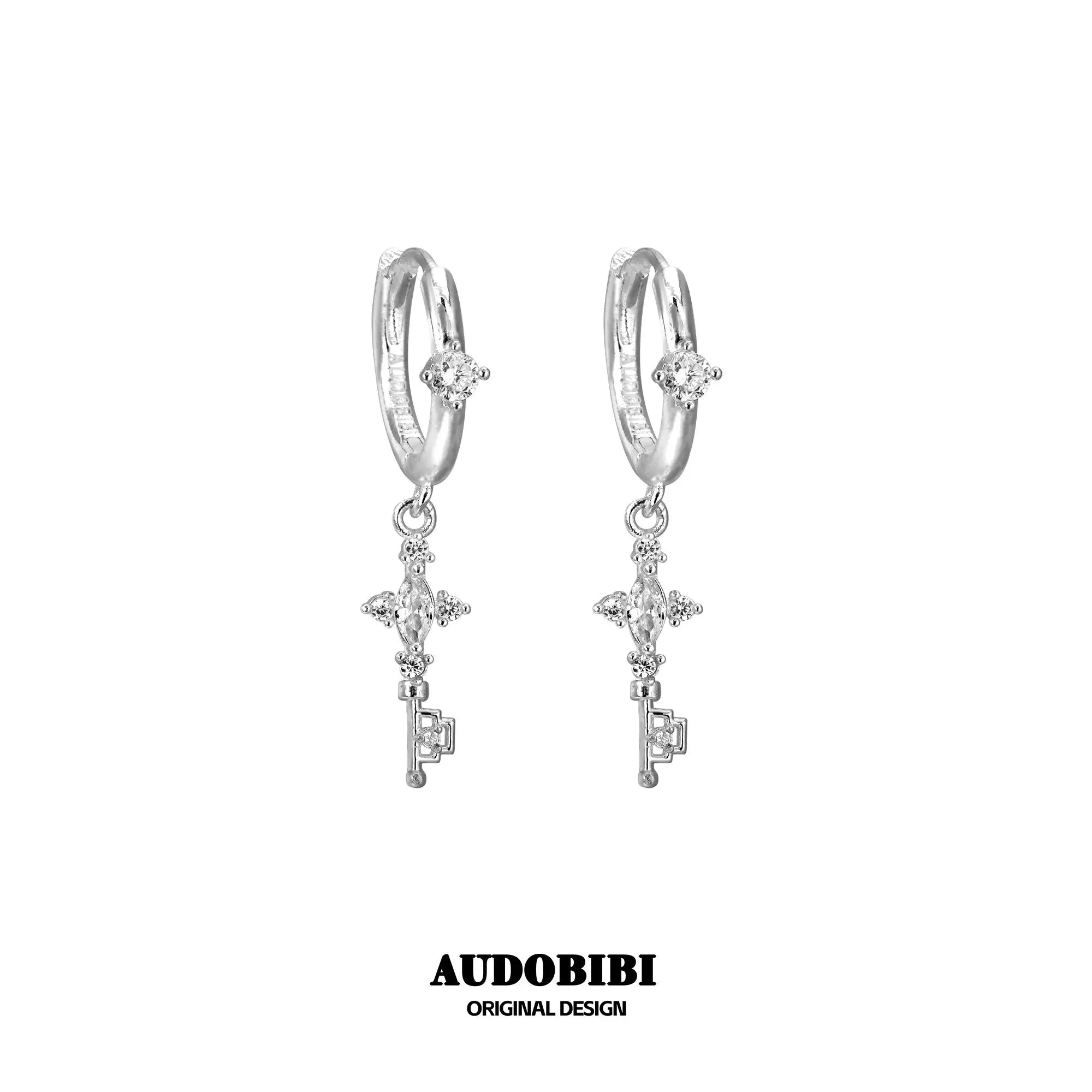Winged Grace Key & Lock Hoop Earrings — Silver-Plated Brass, Key.