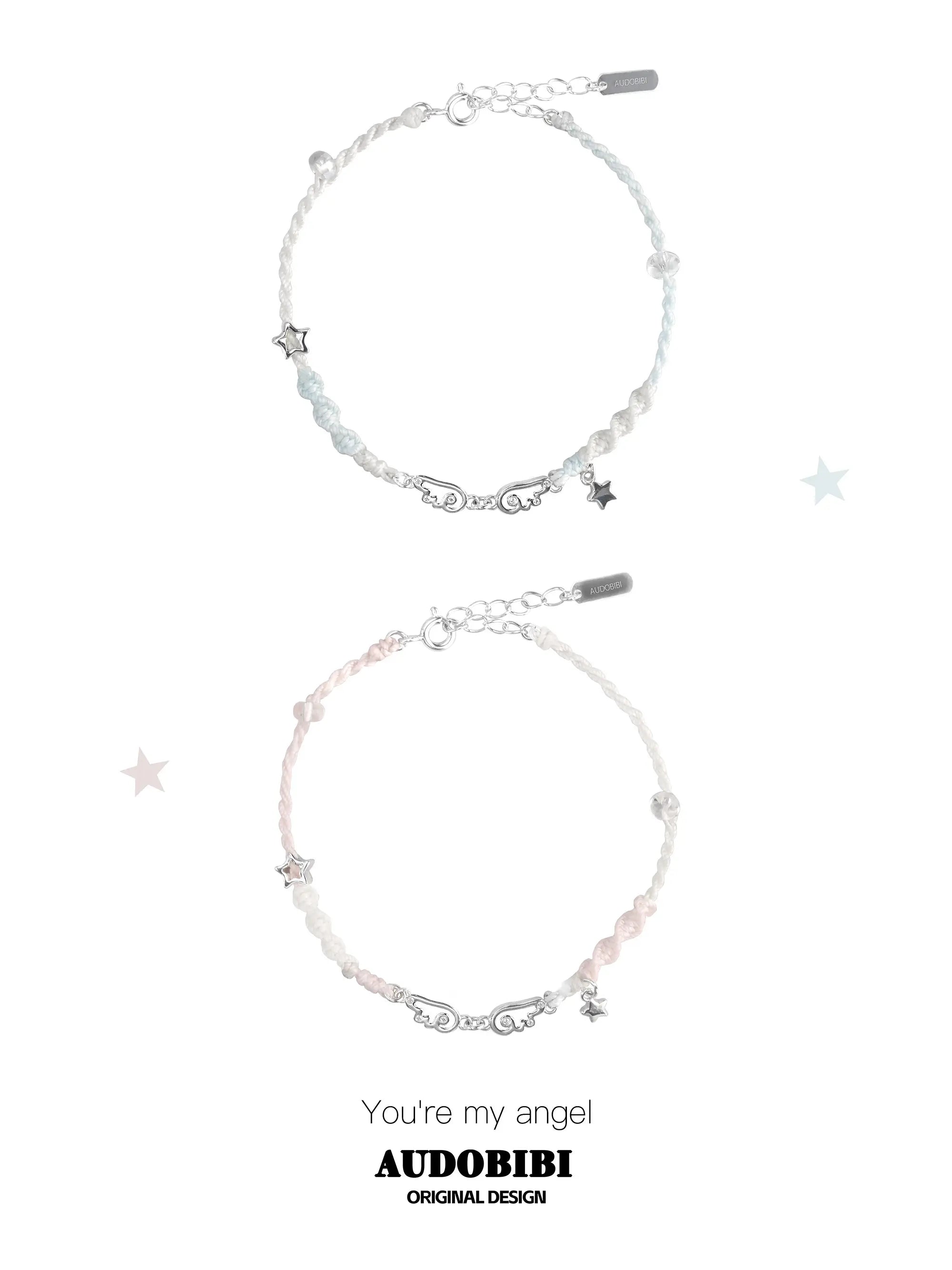 Blue and pink cord bracelets with wing details, beads and hanging stars.