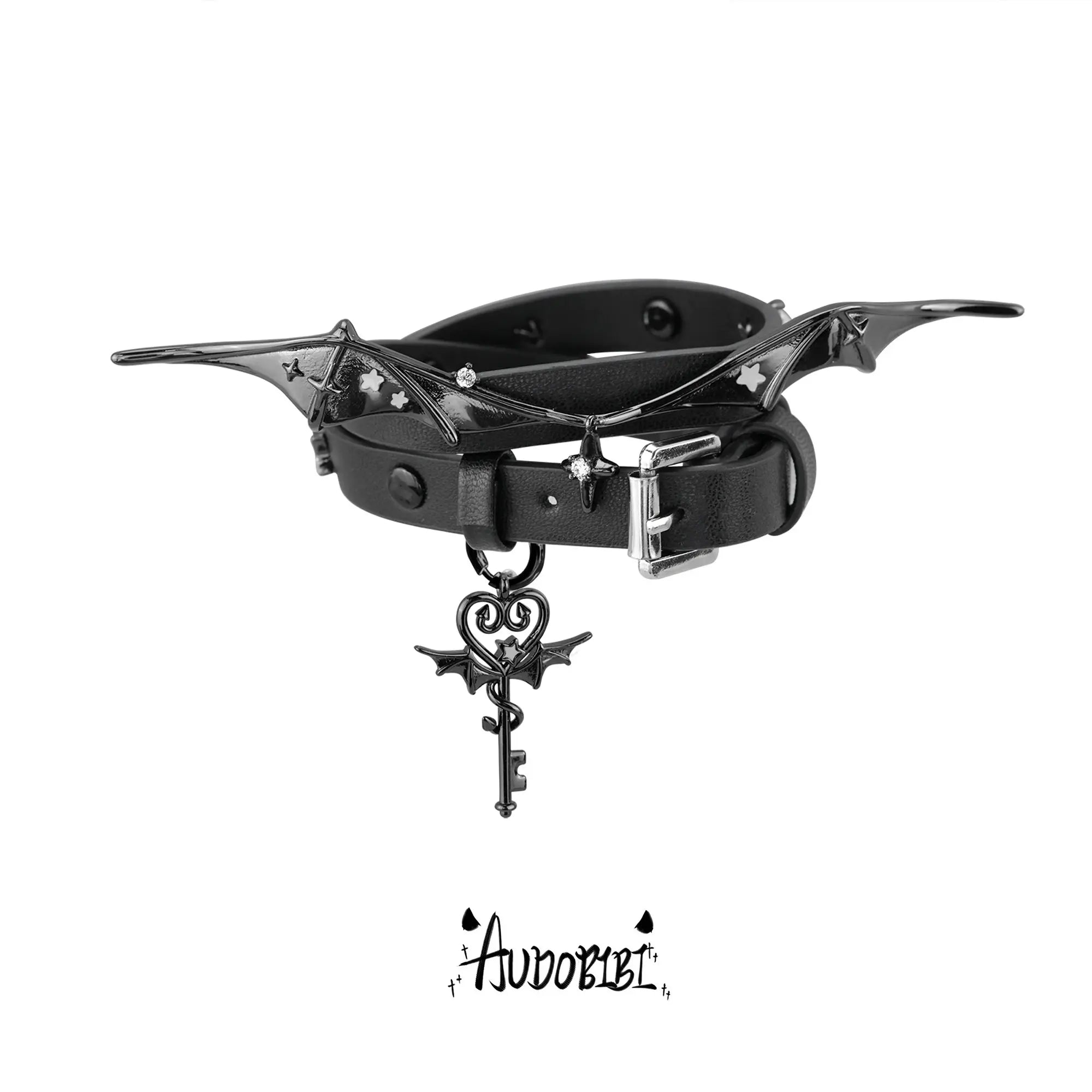 Angel or Devil leather choker and wrap bracelet, variant reference.