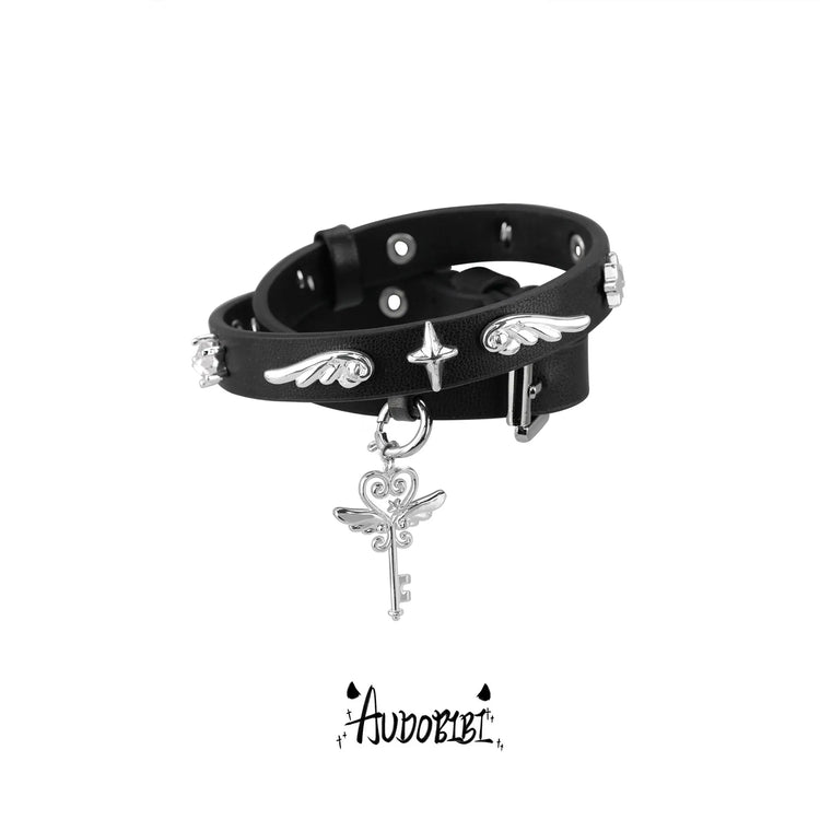 Angel or Devil leather choker and wrap bracelet, variant reference.