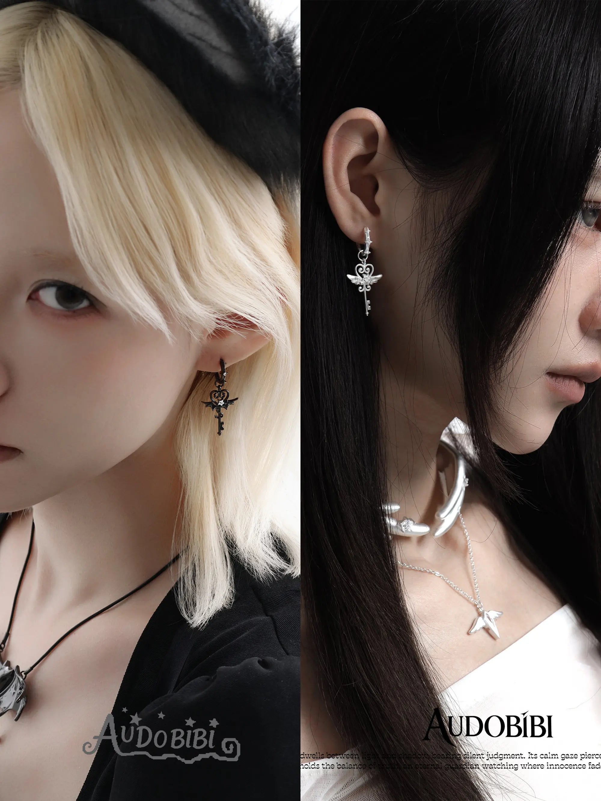 Winged-key hoop earrings, worn with other jewelry in a model portrait.