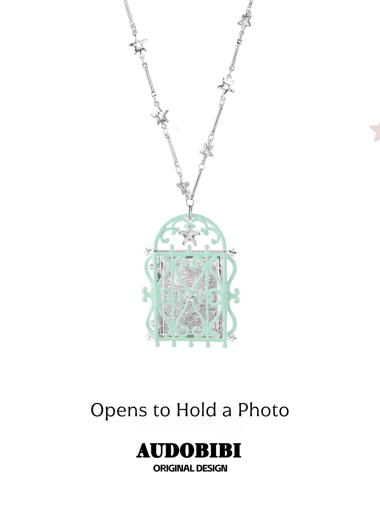 Window-shaped photo locket necklace, shown on the hand or wrist with other jewelry.