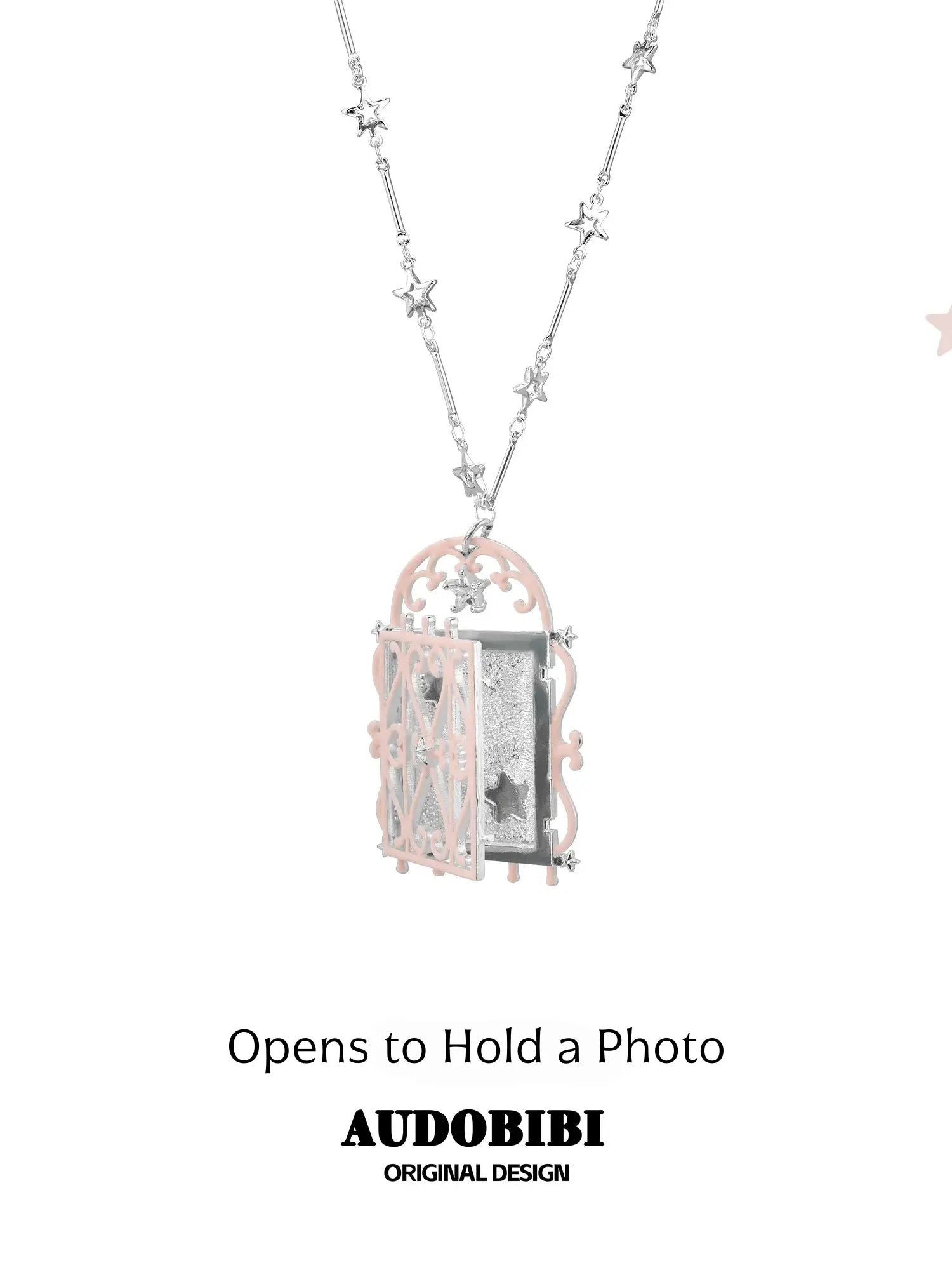 Window-shaped photo locket necklace, shown on the hand or wrist with other jewelry.