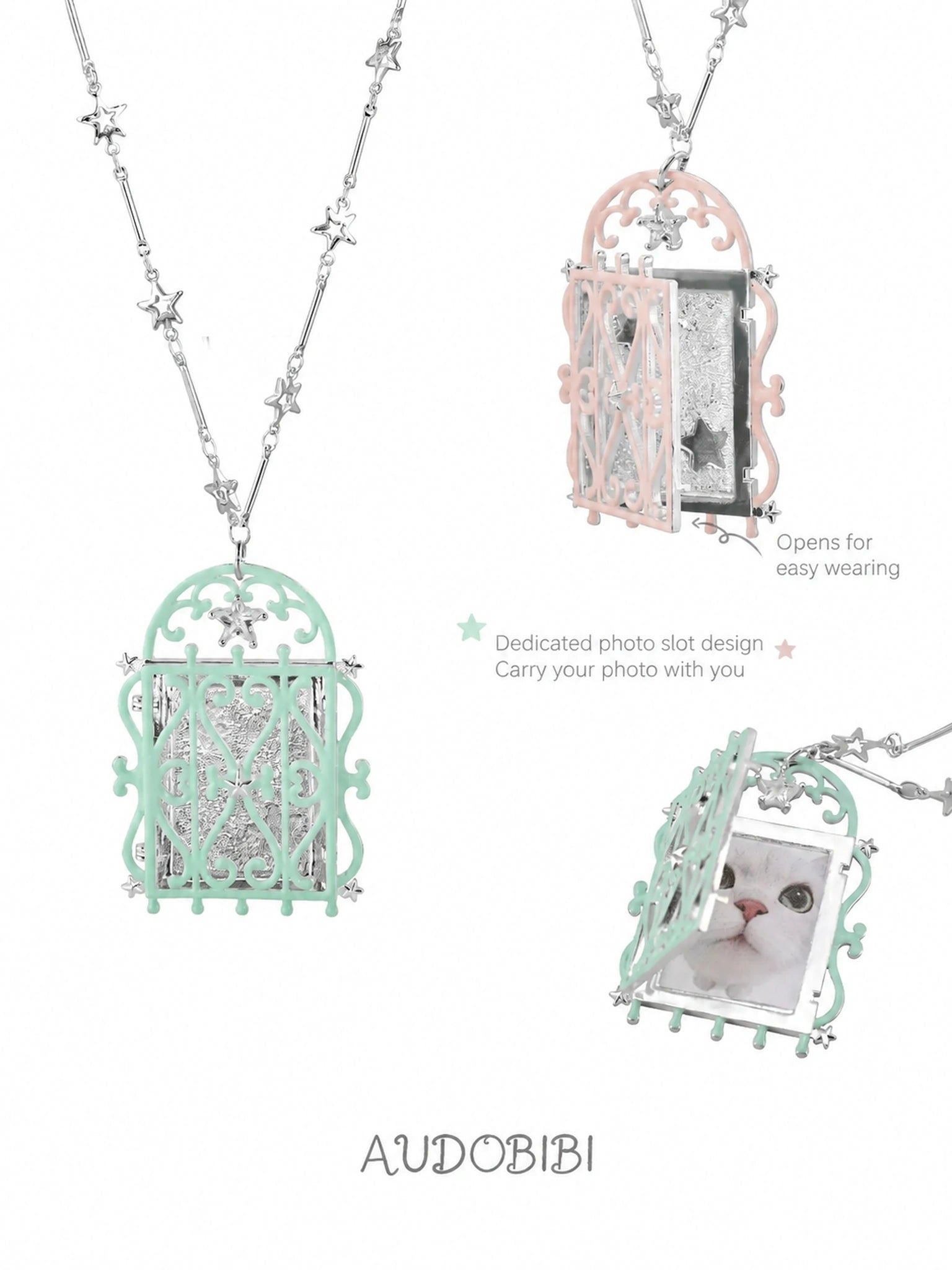 Window-shaped photo locket necklace, shown on the hand or wrist with other jewelry.