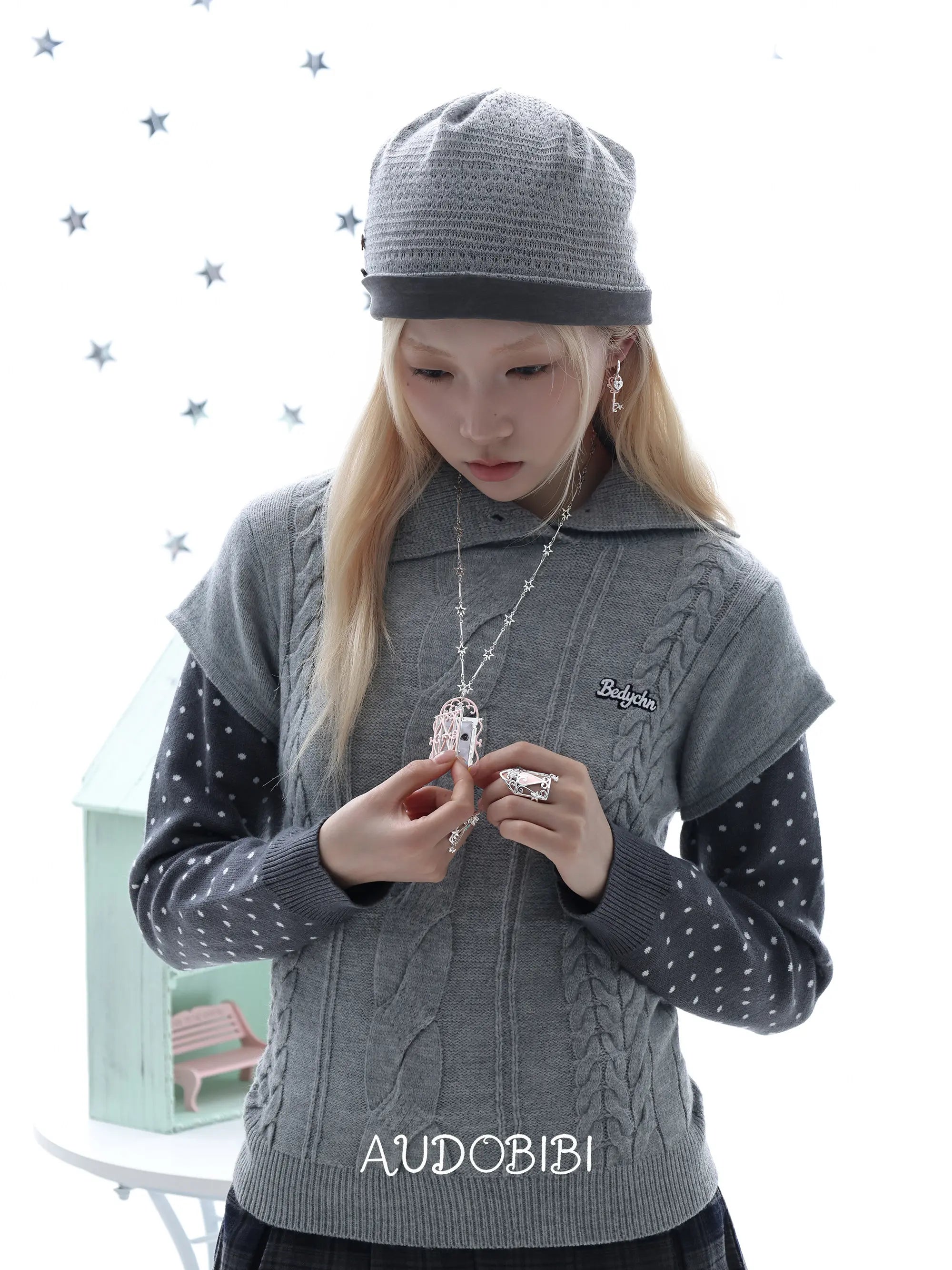 Lily Dream House Photo Locket Long Necklace, shown worn by a model.