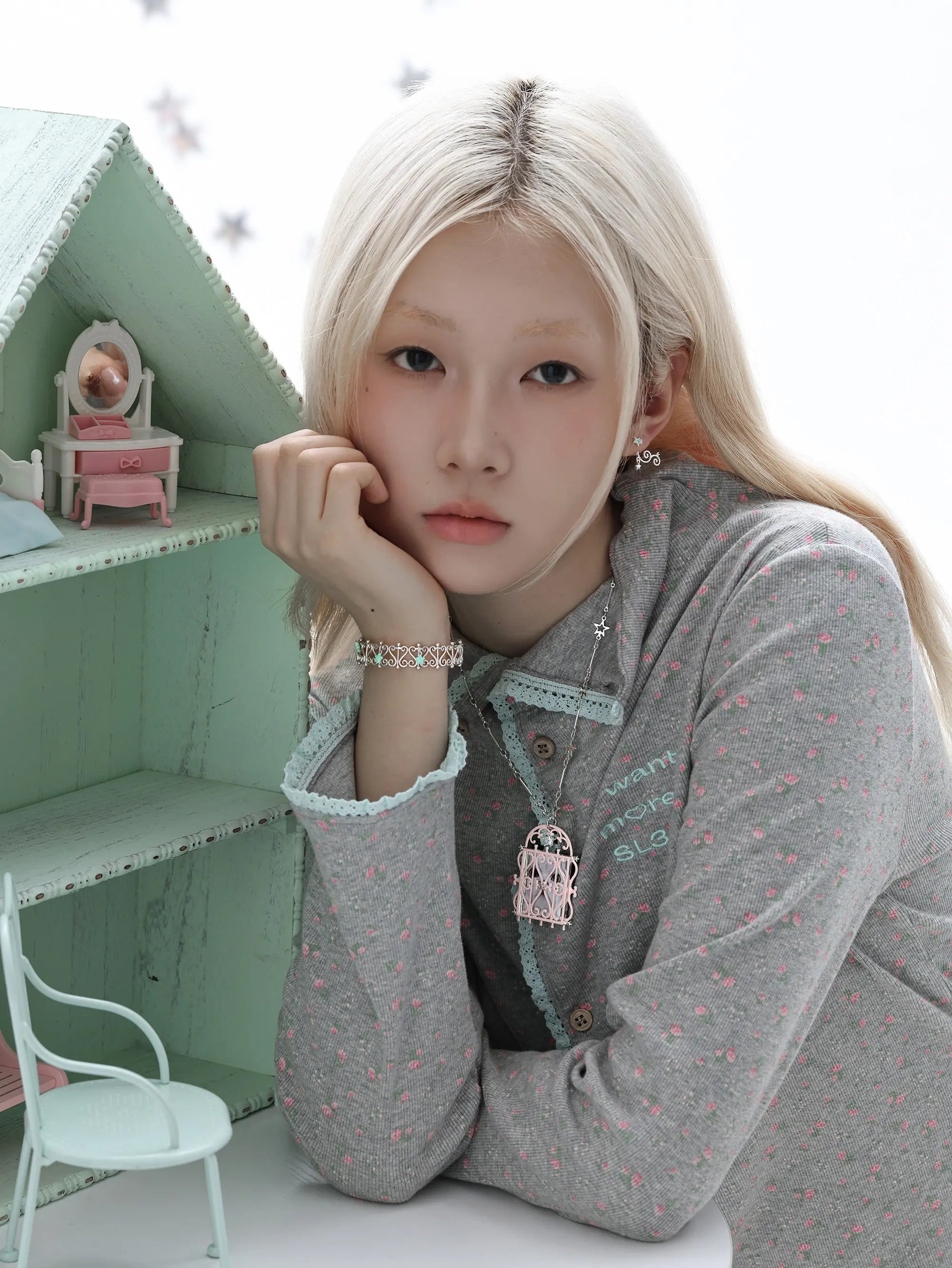 Lily Dream House Photo Locket Long Necklace, shown worn by a model.