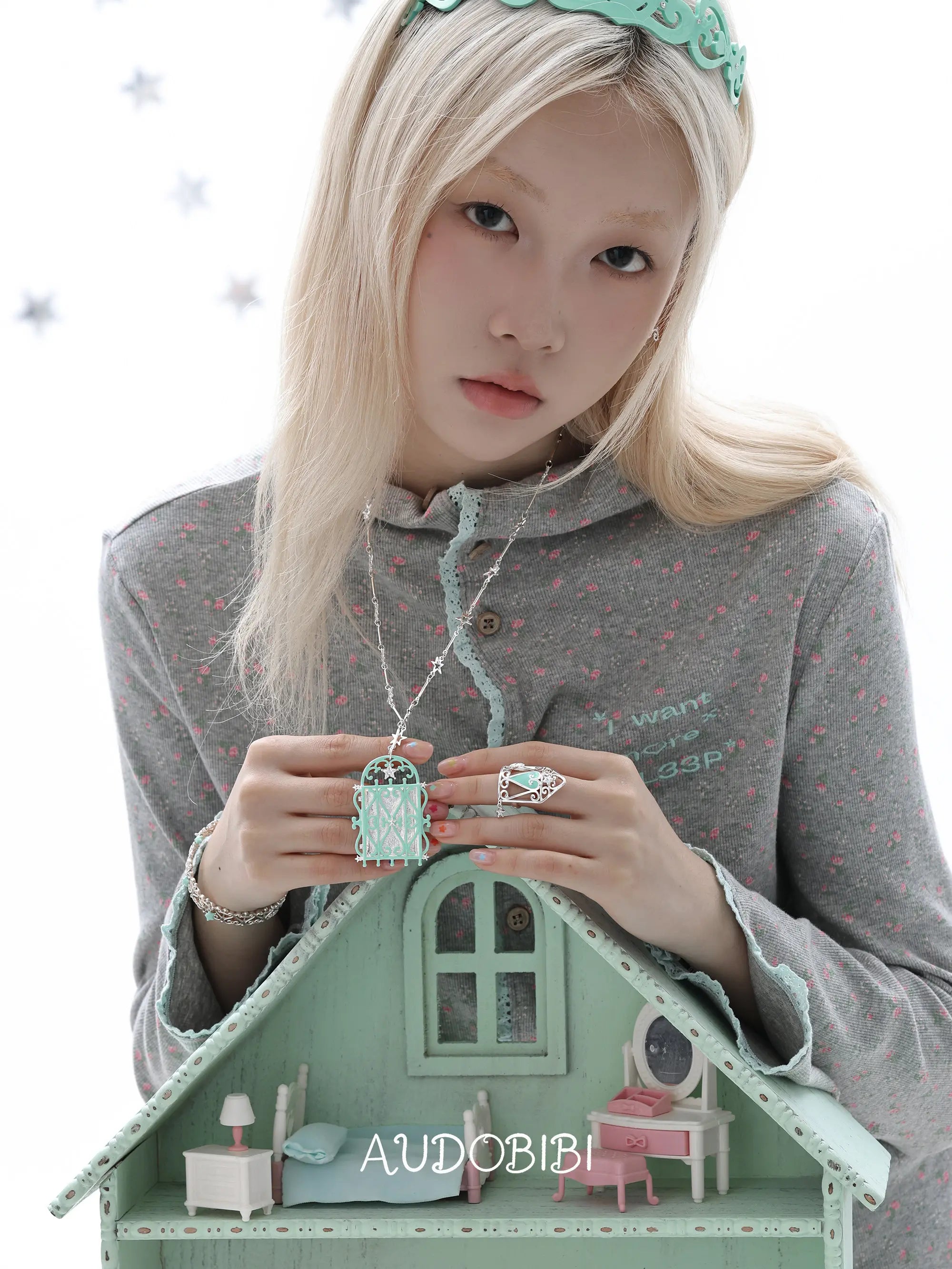 Lily Dream House Photo Locket Long Necklace, shown worn by a model.