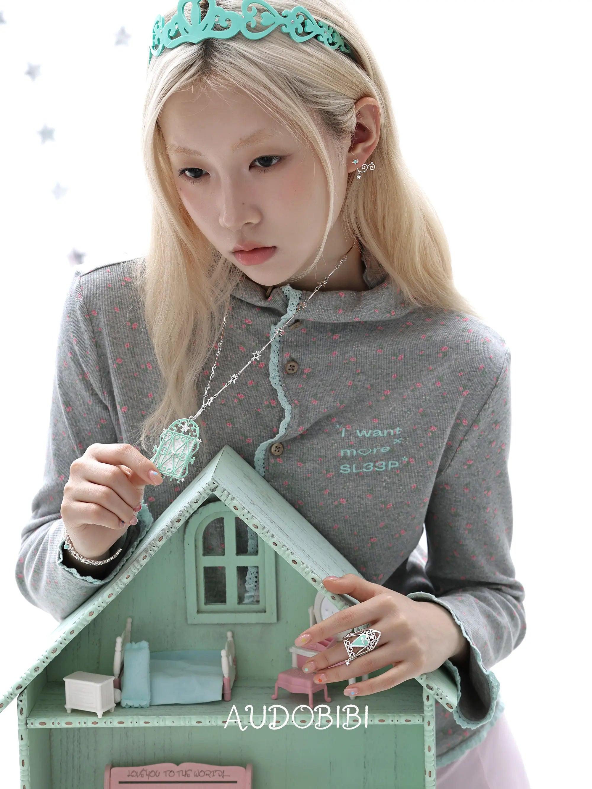 Lily Dream House Photo Locket Long Necklace, shown worn by a model.