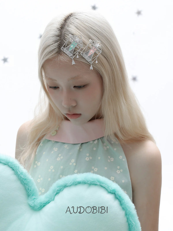 Lily Dream Garden Window & Heart Hair Clip, shown worn by a model.