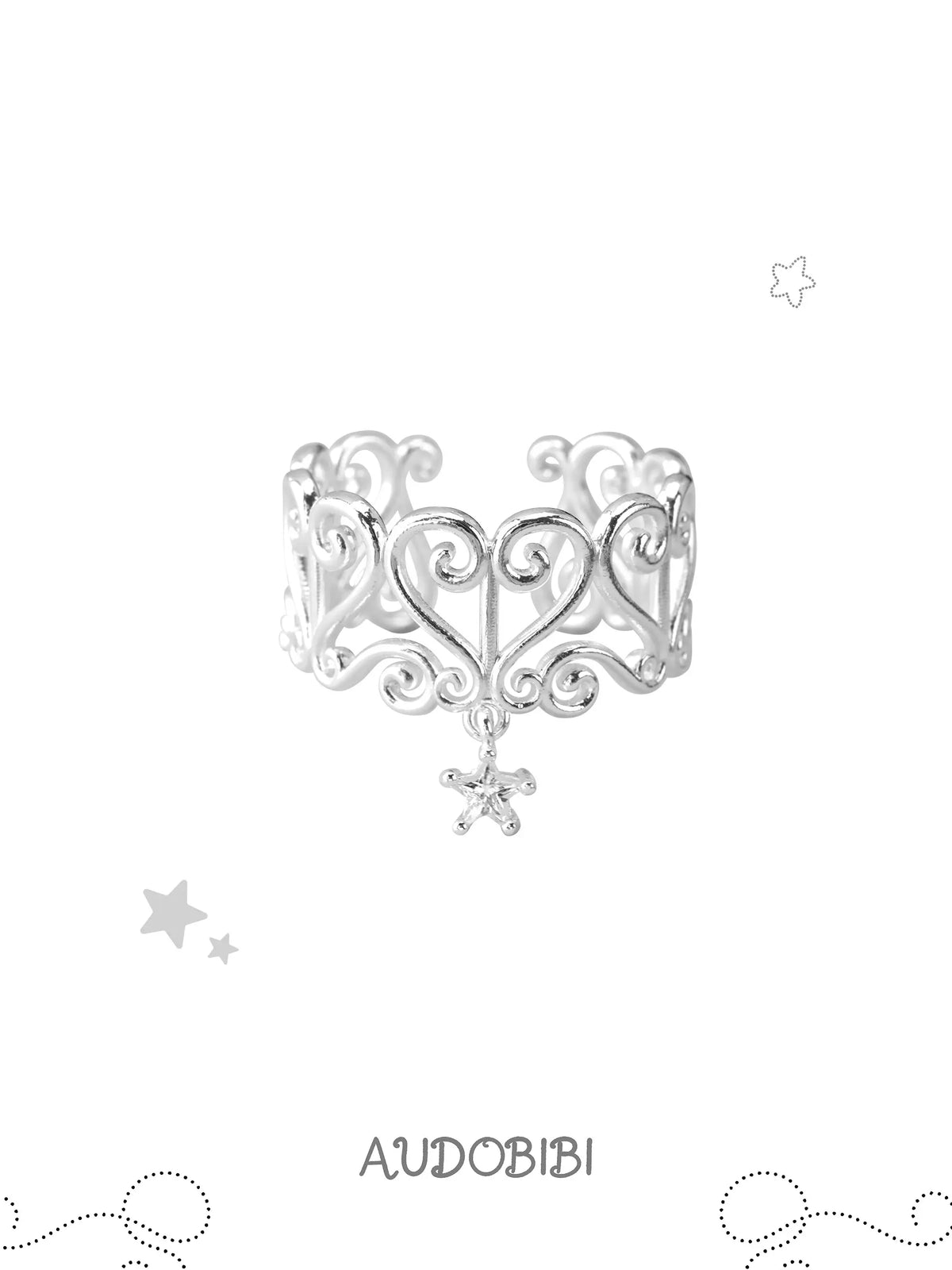 Openwork window ring with a hanging star, viewed from the front.