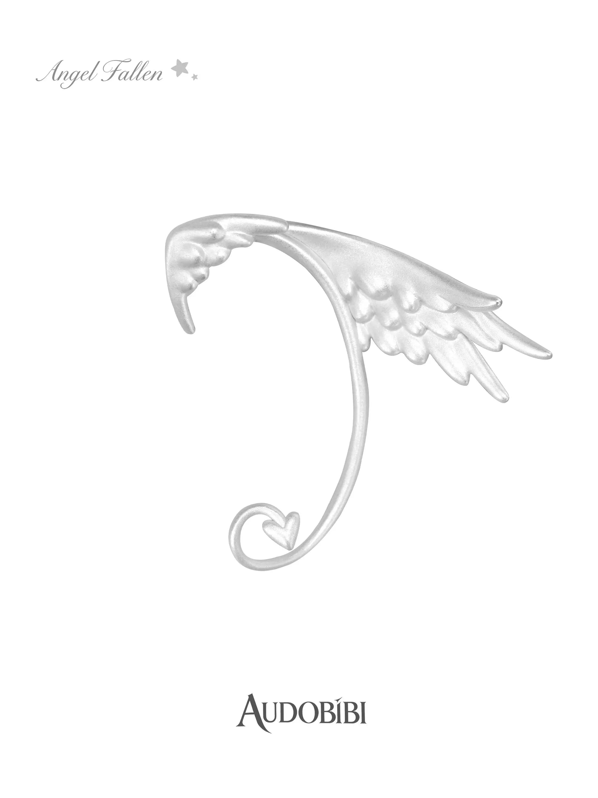 Wing ear cuff with a curved support, viewed from the side.