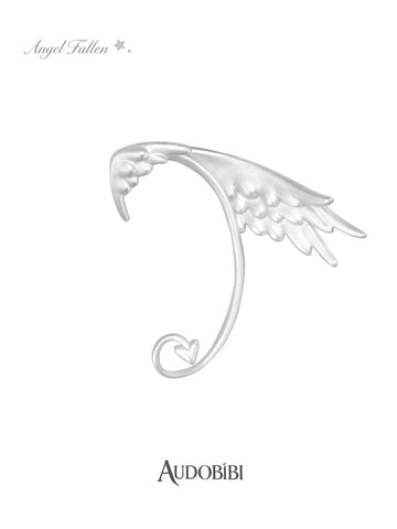 Wing ear cuff with a curved support, viewed from the side.