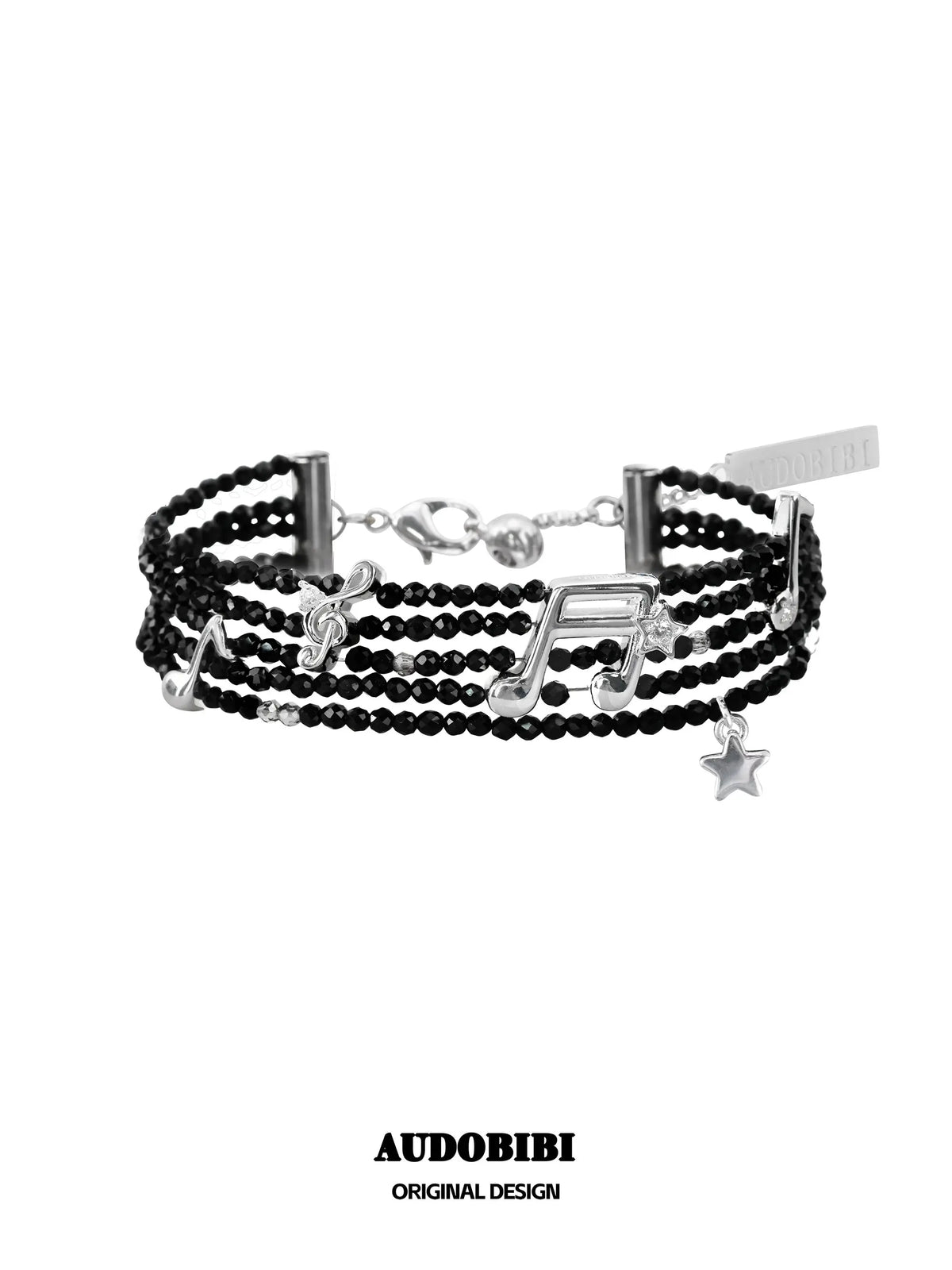 Black bead musical-note bracelet viewed from the front.