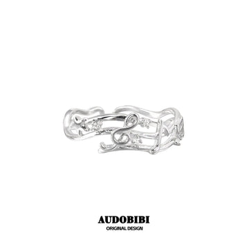Winged Grace Memory Étude Musical Note Open Ring — Design A, Silver-Plated Brass.