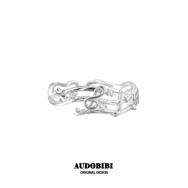 Winged Grace Memory Étude Musical Note Open Ring — Design A, Silver-Plated Brass.