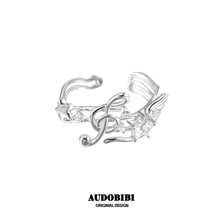 Winged Grace Memory Étude Musical Note Open Ring — Design B, Silver-Plated Brass.