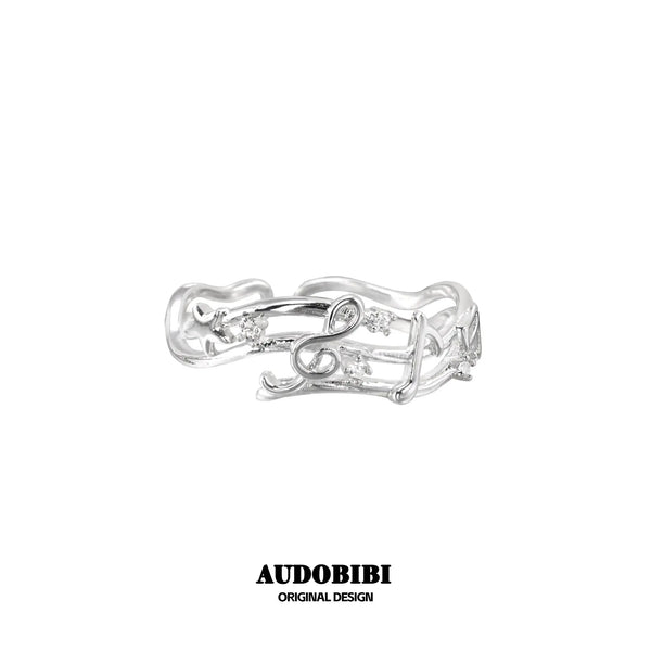 Winged Grace Memory Étude Musical Note Open Ring — Design A, 925 Sterling Silver.