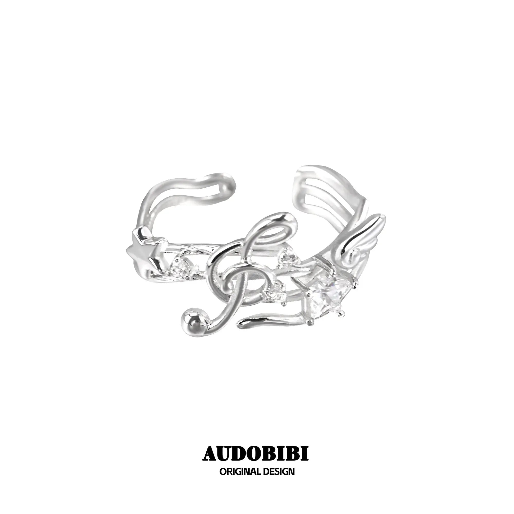 Winged Grace Memory Étude Musical Note Open Ring — Design B, 925 Sterling Silver.