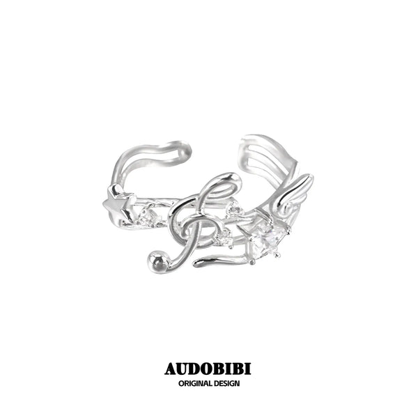 Winged Grace Memory Étude Musical Note Open Ring — Design B, 925 Sterling Silver.